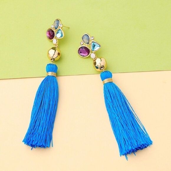 Blue Tassel Fringe Floral Crystal Rhinestone Gold Dangle Statement Earrings - Picture 10 of 11